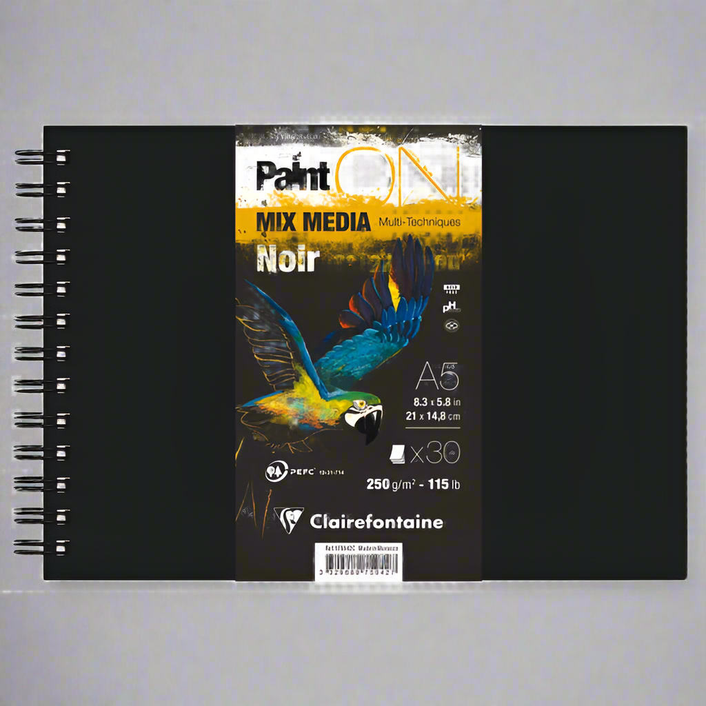 Clairefontaine Paint'On Black Spiral Pad – Deep black paper for mixed media art, ideal for pencil, charcoal, pastel, ink, and gouache techniques.