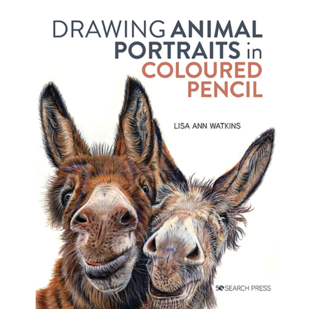 Cover of Drawing Animal Portraits in Coloured Pencil by Lisa Ann Watkins, featuring two detailed coloured pencil drawings of donkeys.