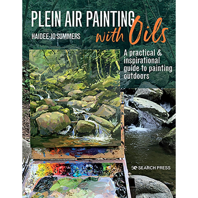 Cover of Plein Air Painting with Oils by Haidee-Jo Summers, featuring an outdoor oil painting of a rocky stream and an artist?ÇÖs palette.