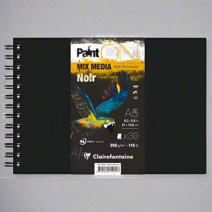 Clairefontaine Paint'On Black Spiral Pad Ã¢â‚¬â€œ Deep black paper for mixed media art, ideal for pencil, charcoal, pastel, ink, and gouache techniques.