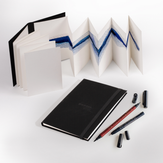 Rhodia Touch Leporello Accordion Book with 100% cotton watercolour paper, featuring black linen cover, elastic closure, and panoramic pages for artwork.