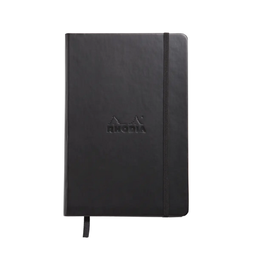 Rhodia Webnotebook with Italian-leatherette cover, elastic closure, and embossed Rhodia logo.