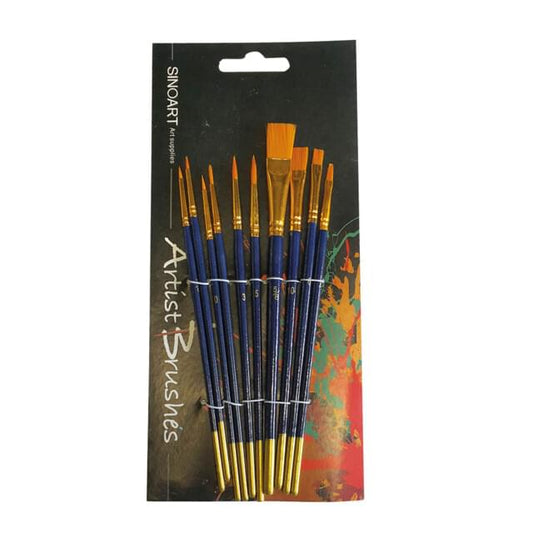 Sinoart Synthetic Golden Sable Brush Set ?ÃƒÆ’Ã¢‚¬¡ÃƒÆ’Ã‚´ 10 brushes with gold anodised ferrules, round (sizes 000?ÃƒÆ’Ã¢‚¬¡ÃƒÆ’Ã‚´5) and flat (sizes 2?ÃƒÆ’Ã¢‚¬¡ÃƒÆ’Ã‚´5/8 inch), for watercolour, acrylic, and oil.