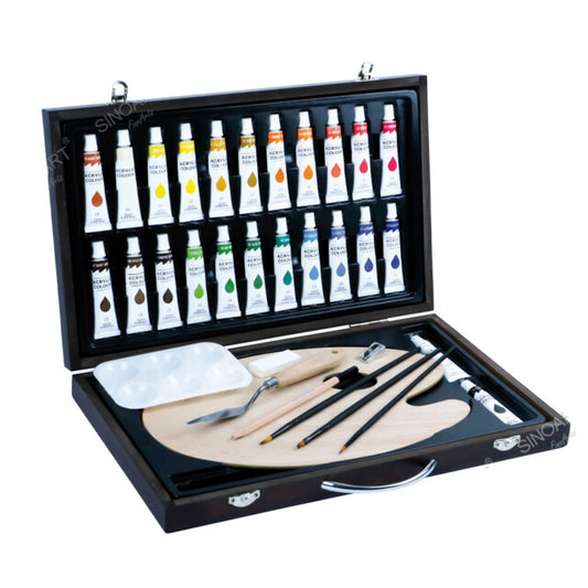 Sinoart Acrylic Painting Box Set ?Ãƒâ€¡ÃƒÂ´ Includes 24 x 12ml acrylic paints, brushes, palettes, sketching tools, and a wooden carry/storage box, perfect for artists of all levels.