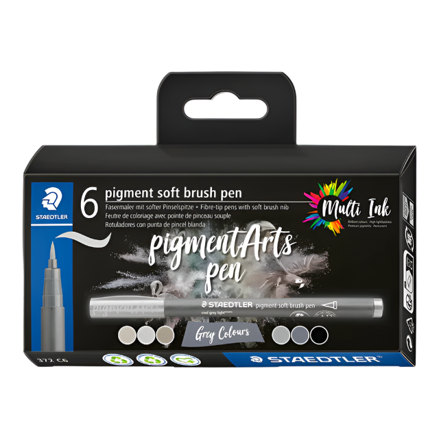 Staedtler Pigment Arts Soft Brush Pens ?Ãƒâ€¡ÃƒÂ´ Set of 6 grey shades, perfect for shading, lettering, and mixed media art, with soft brush tips and smudge-free ink