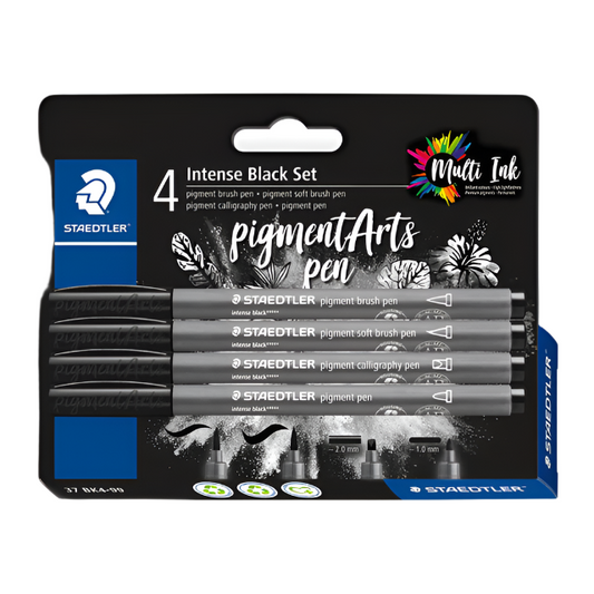 Staedtler Pigment Arts Intense Black Set of 4 pens with brush, soft brush, calligraphy, and fibre tips for drawing and lettering