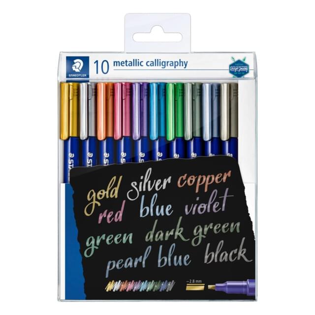 Staedtler Design Metallic Calligraphy Pen Set - Set of 10 vibrant markers for lettering and decoration.