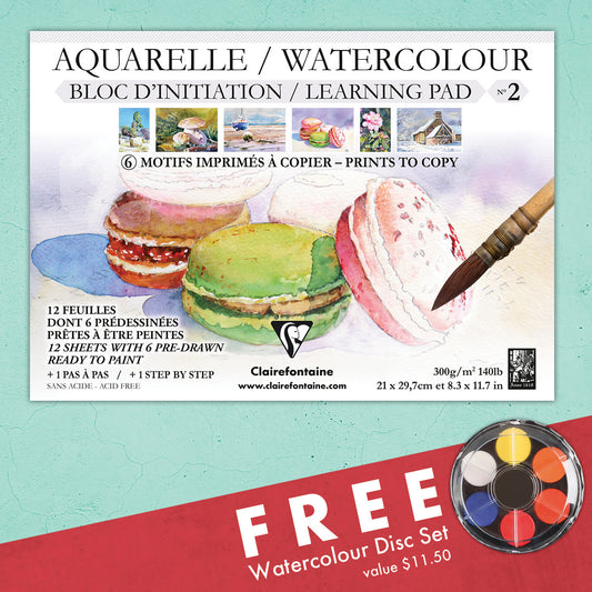 Clairefontaine Watercolour Learning Pad A4 - Macaroons with  FREE Watercolour Disc Set